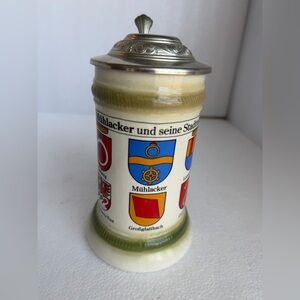 Vintage German Beer Stein Pewter Lid Mühlacker Stadtteile Ceramic Lidded Mug